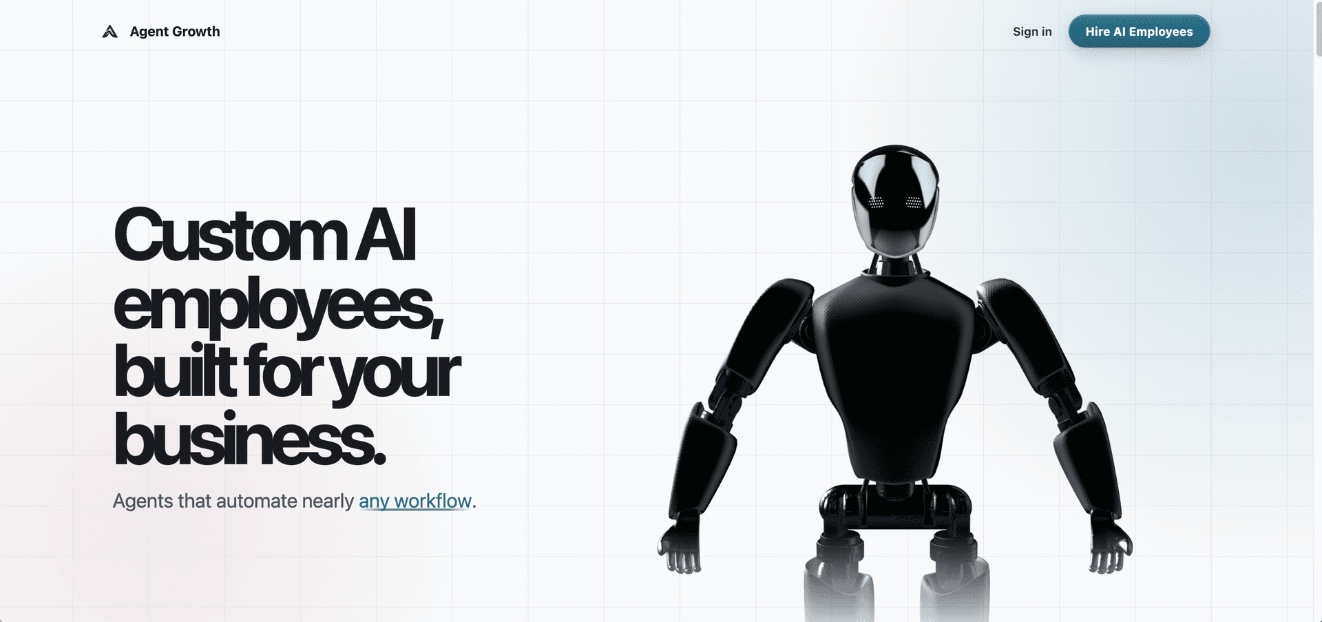 Agent Growth landing page with the hero robot
