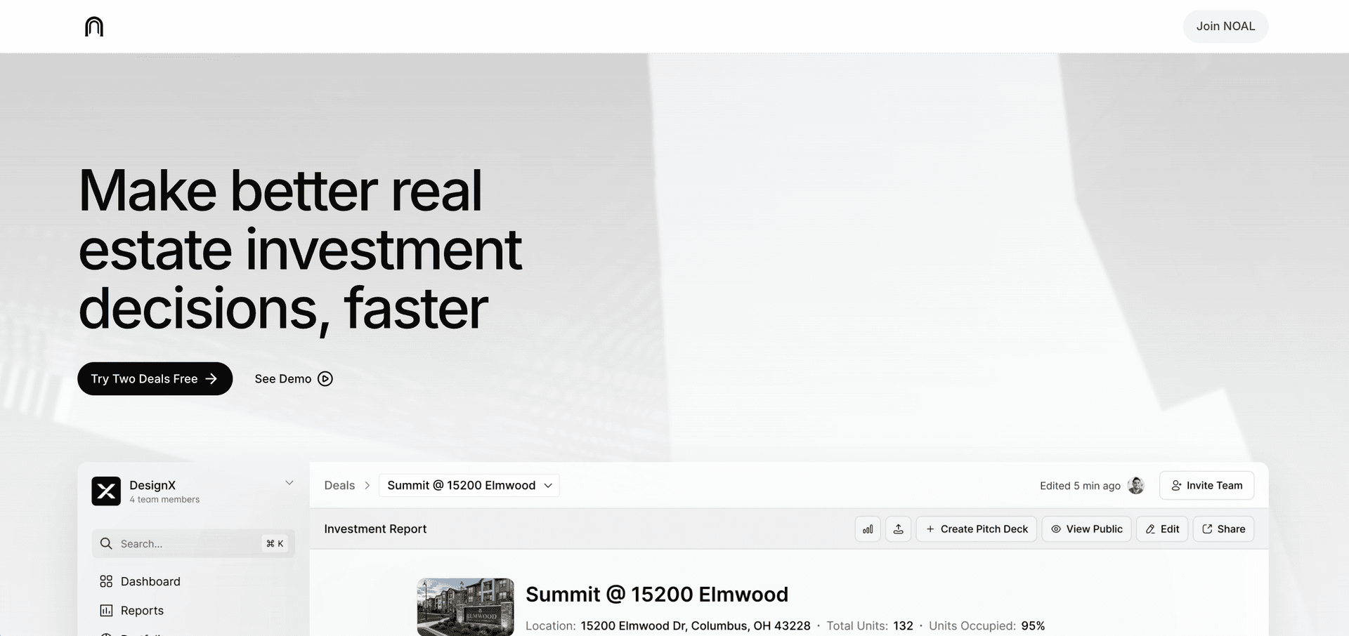 NOAL AI platform with investment report and deal workspace
