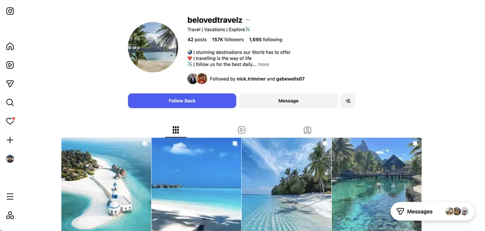 Instagram travel theme page with 157K followers